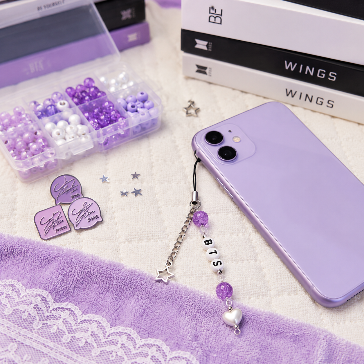 Stylish BTS Inspired Purple Phone Charm with Letter Beads and Star Charm