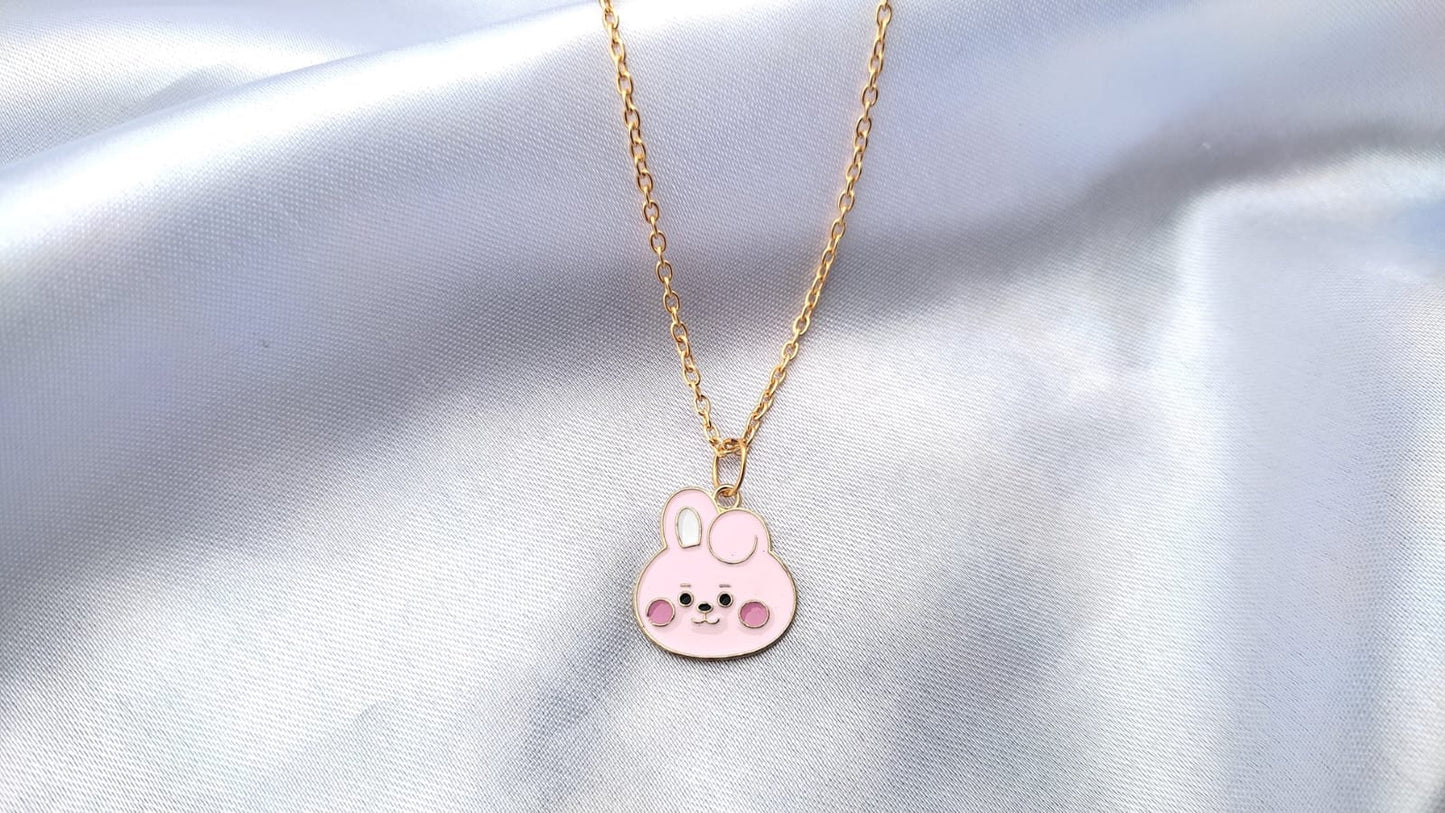 Premium Aesthetic: Adorable Pink Bunny Enamel Gold-Tone Pendant Necklace