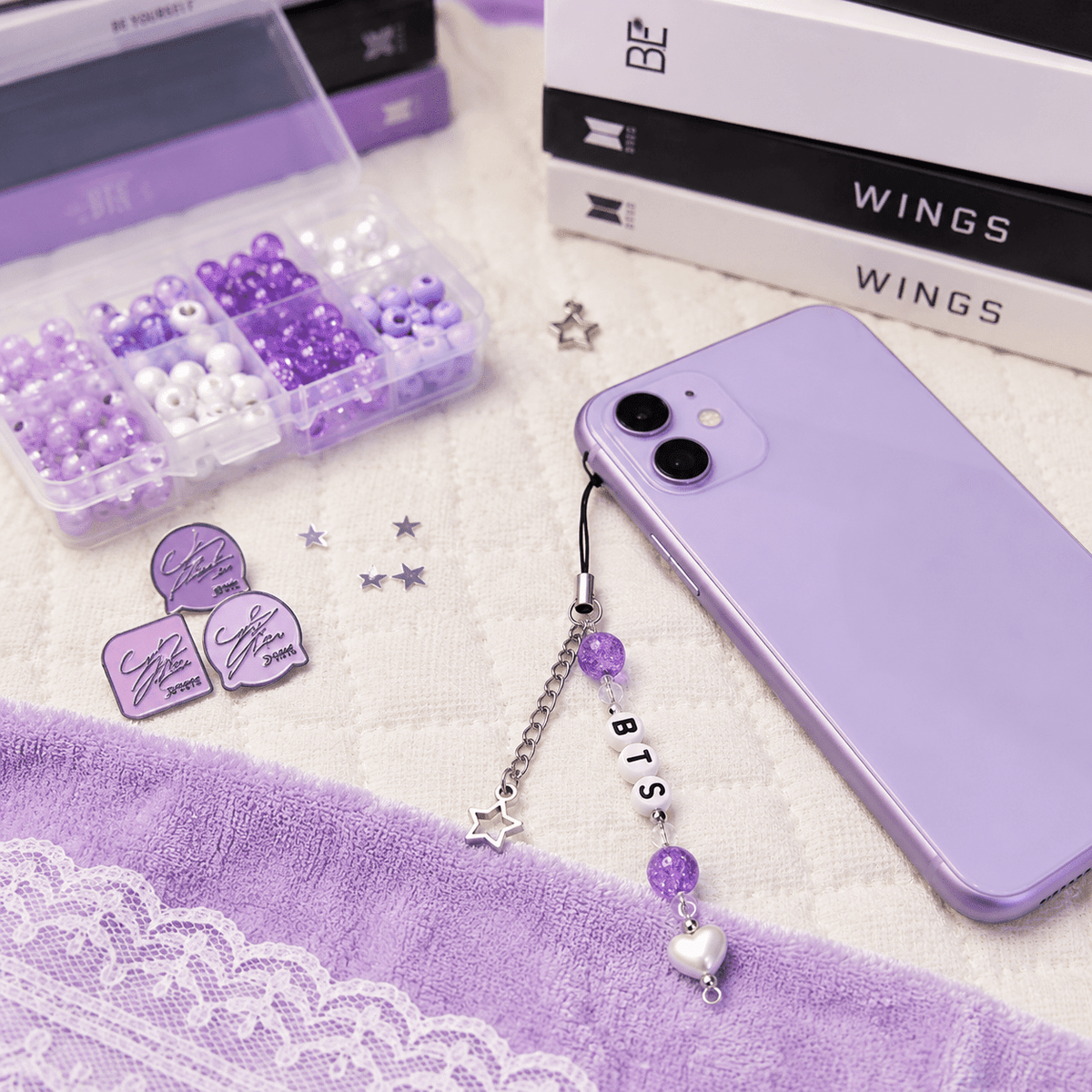 Stylish BTS Inspired Purple Phone Charm with Letter Beads and Star Charm