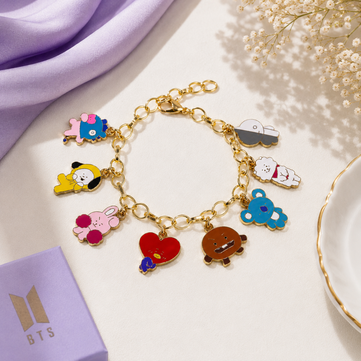 BT21 Inspired Gold Charm Bracelet with Cute Character Charms
