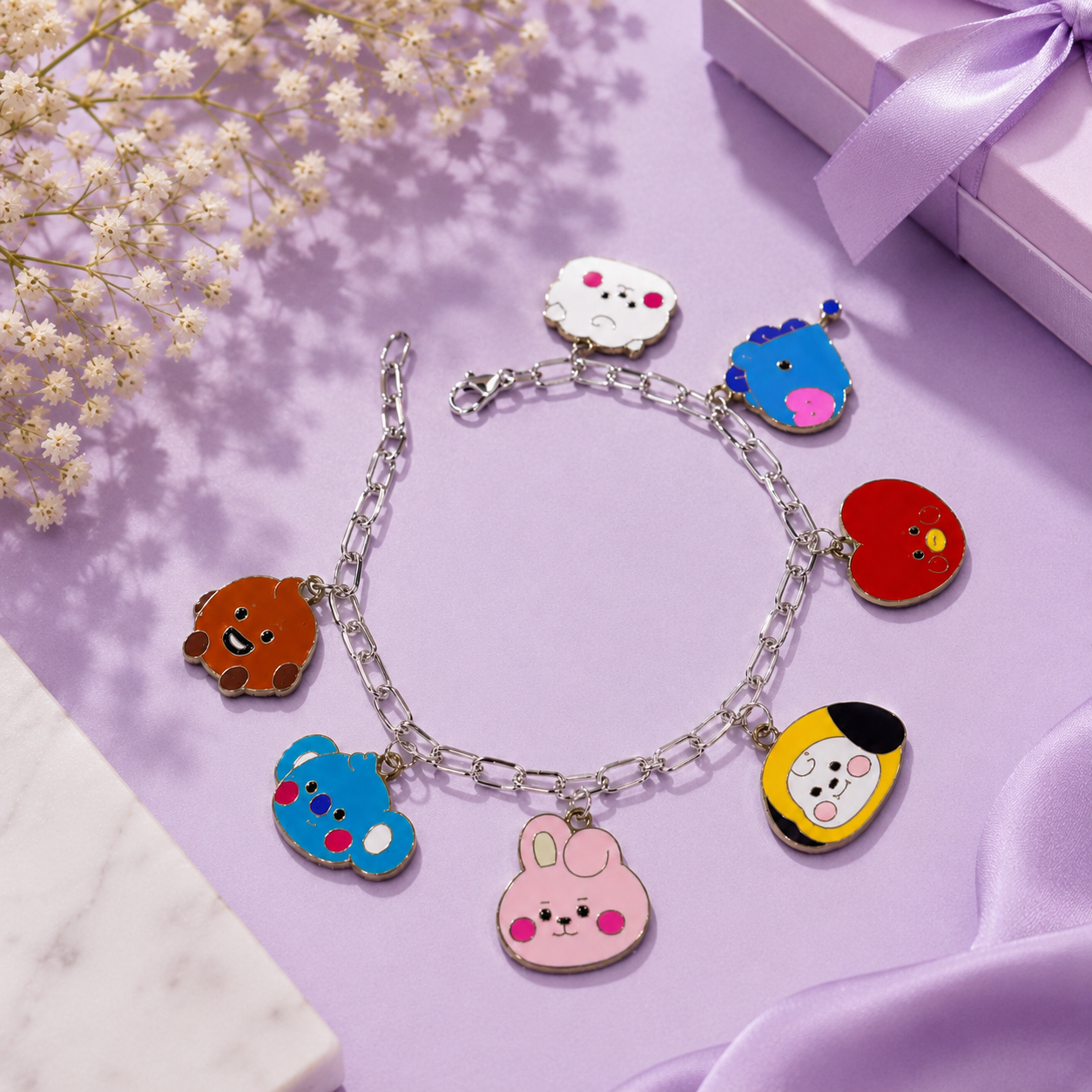 BT21 Inspired Charm Bracelet with Silver Chain