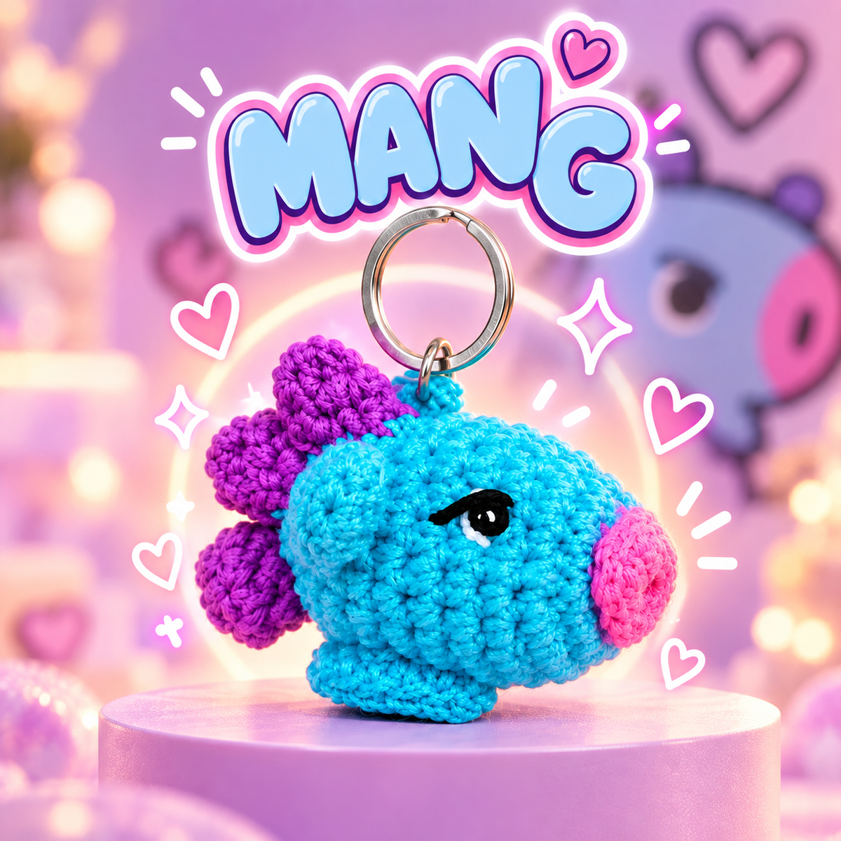 Blue and purple MANG crochet bag charm