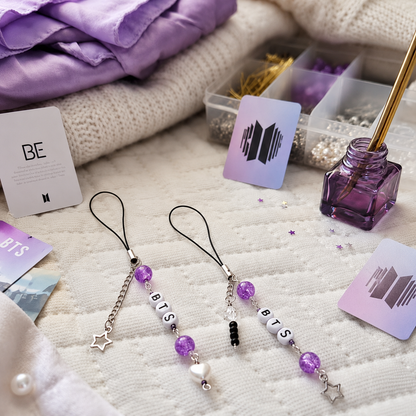BTS Inspired Purple Phone Charm with Crystal Beads and Silver Star Charm