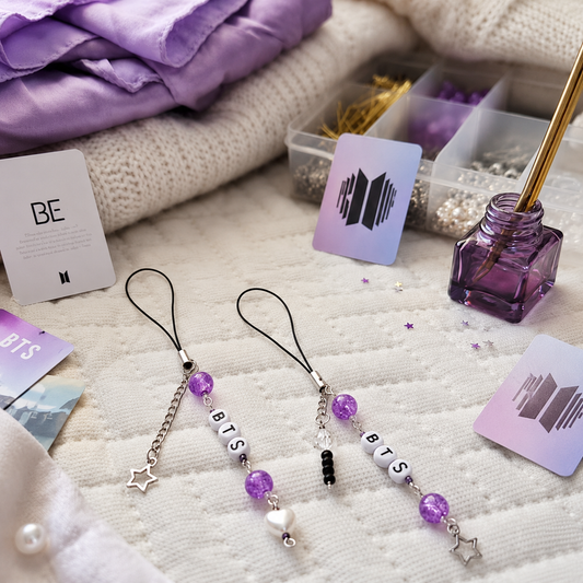 BTS Inspired Purple Phone Charm with Crystal Beads and Silver Star Charm