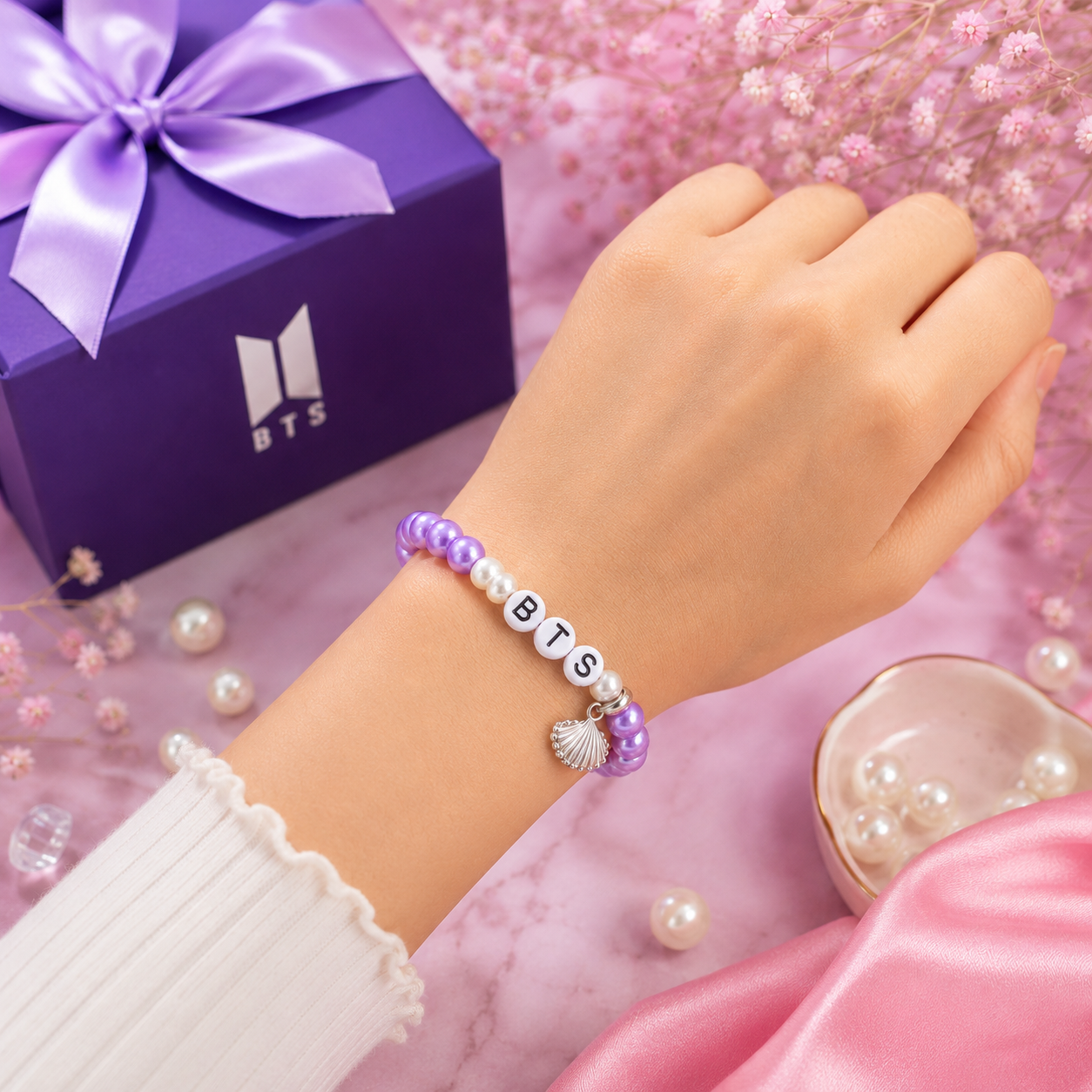 BTS Inspired Purple Beaded Bracelet with Pearl Beads