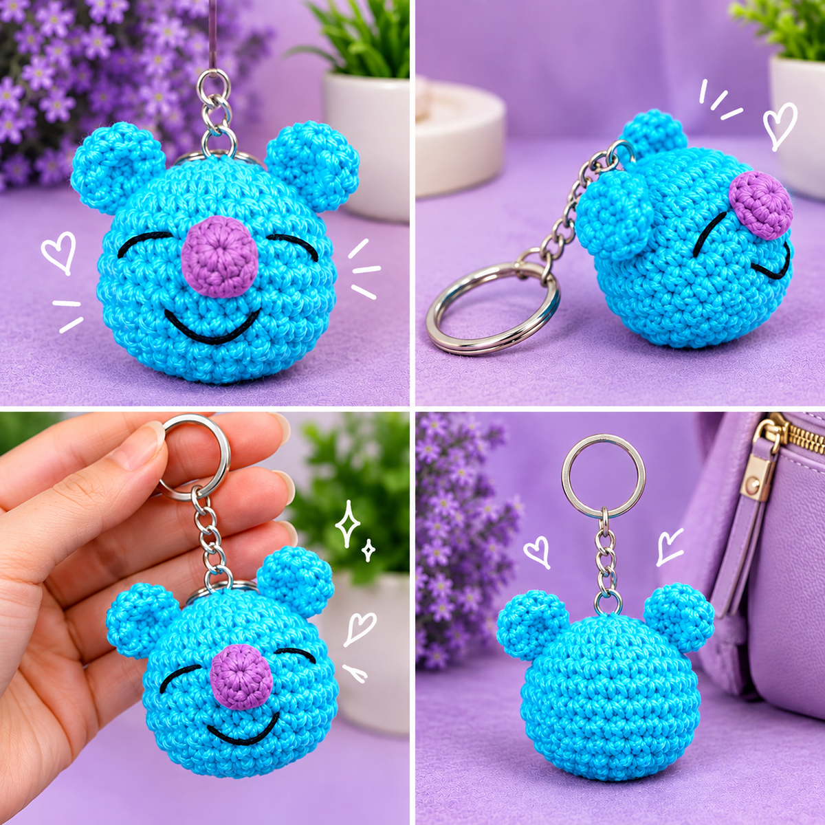 Cute Handmade Koya BT21 Crochet Keychain Sky Blue Purple