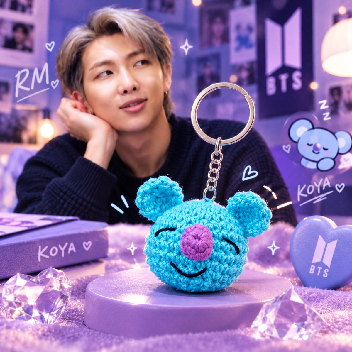 Handmade BT21 Koya Crochet Keychain Detailed Texture Metal Keyring
