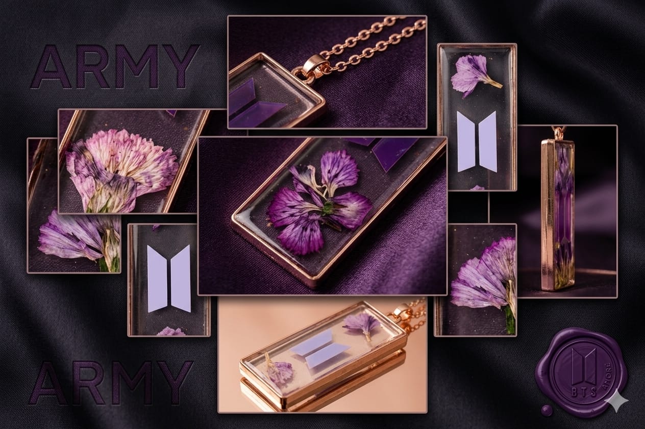 BTS Inspired Purple Flower Pendant Necklace for ARMY Fans | K-Pop Resin Jewelry
