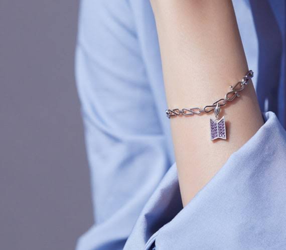 BTS-Inspired Signature Charm Bracelet – Elegant Silver Finish with Premium Purple Stone Accents