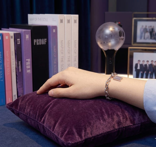 BTS-Inspired Signature Charm Bracelet – Elegant Silver Finish with Premium Purple Stone Accents