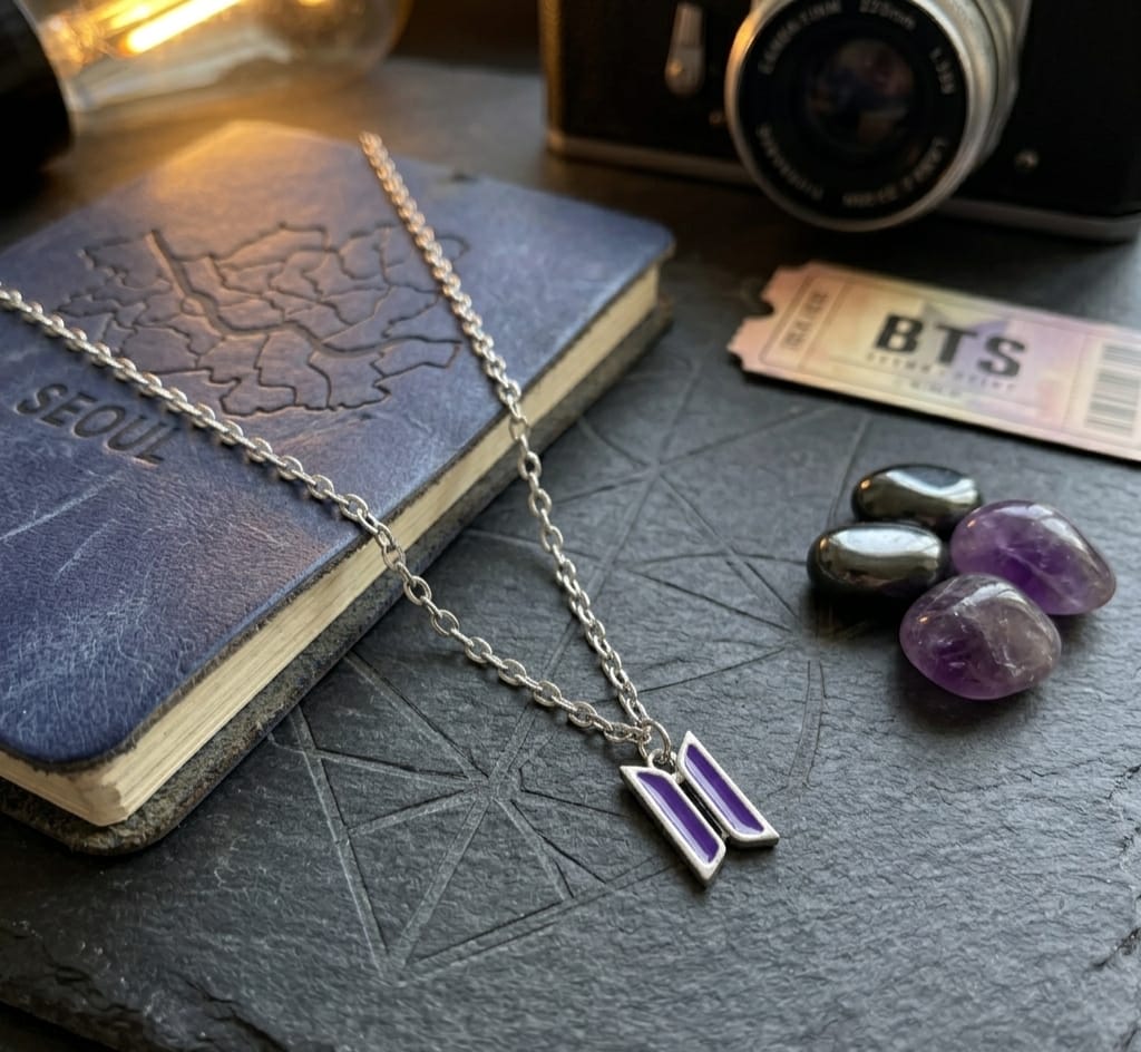 BTS Logo Pendant Necklace | Purple Enamel Charm Chain for ARMY Fans | Korean K-Pop Style Jewellery