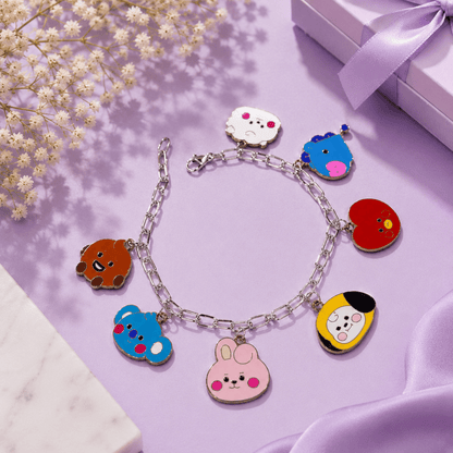 Cute BT21 Inspired Charm Bracelet with silver chain, colorful character charms, perfect gift for BTS ARMY fans