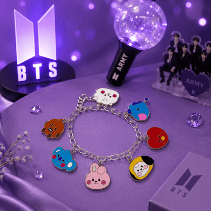 Cute BT21 Inspired Charm Bracelet with silver chain, colorful character charms, perfect gift for BTS ARMY fans