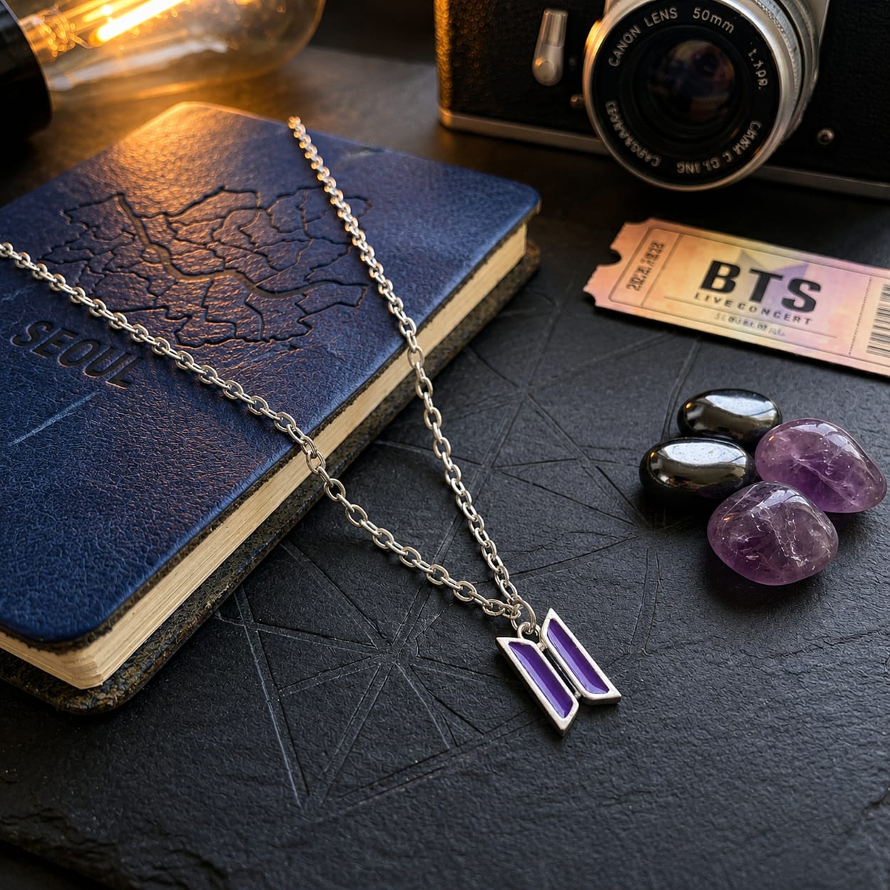BTS Logo Pendant Necklace | Purple Enamel Charm Chain for ARMY Fans | Korean K-Pop Style Jewellery for BTS ARMY Fans | BTS Band