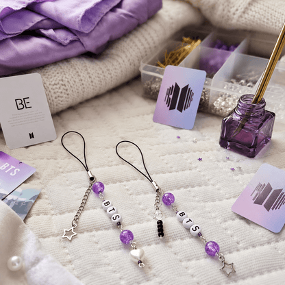 BTS Inspired Purple Phone Charm with Crystal Beads and Silver Star Charm