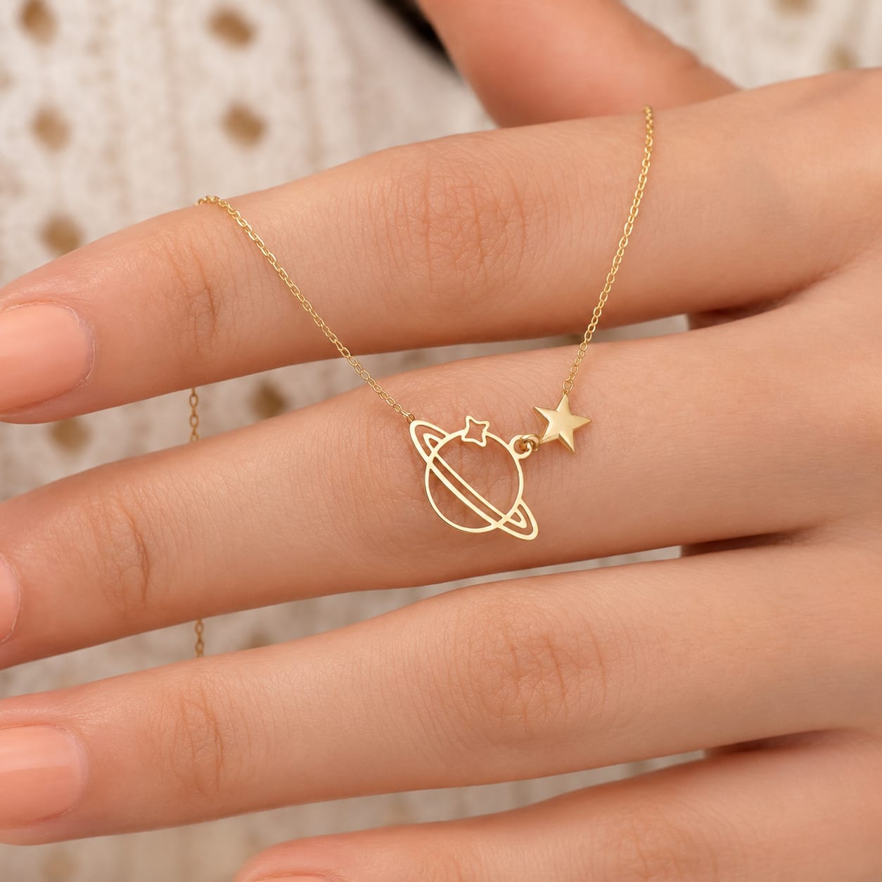 Gold Saturn Planet Star Pendant Necklace for Women | Minimalist Space Aesthetic Necklace for BTS ARMY Fans | BTS Band