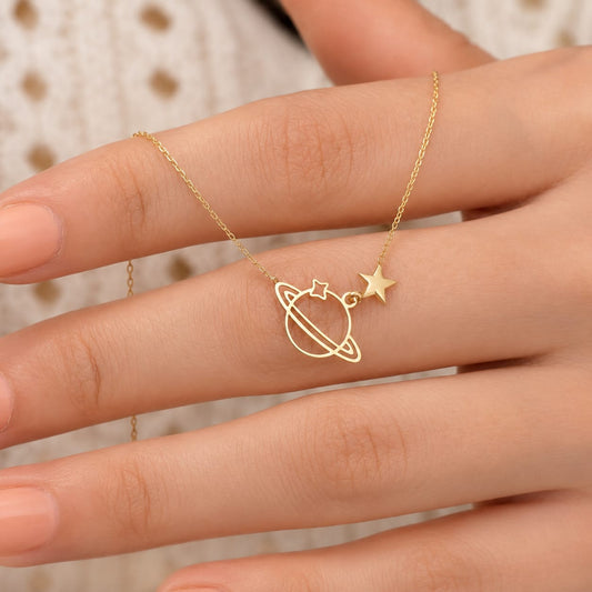 Gold Saturn Planet Star Pendant Necklace for Women | Minimalist Space Aesthetic Necklace for BTS ARMY Fans | BTS Band