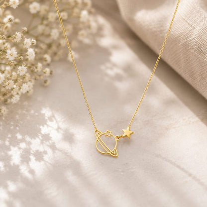 Gold Saturn Planet Star Pendant Necklace for Women | Minimalist Space Aesthetic Necklace for BTS ARMY Fans | BTS Band