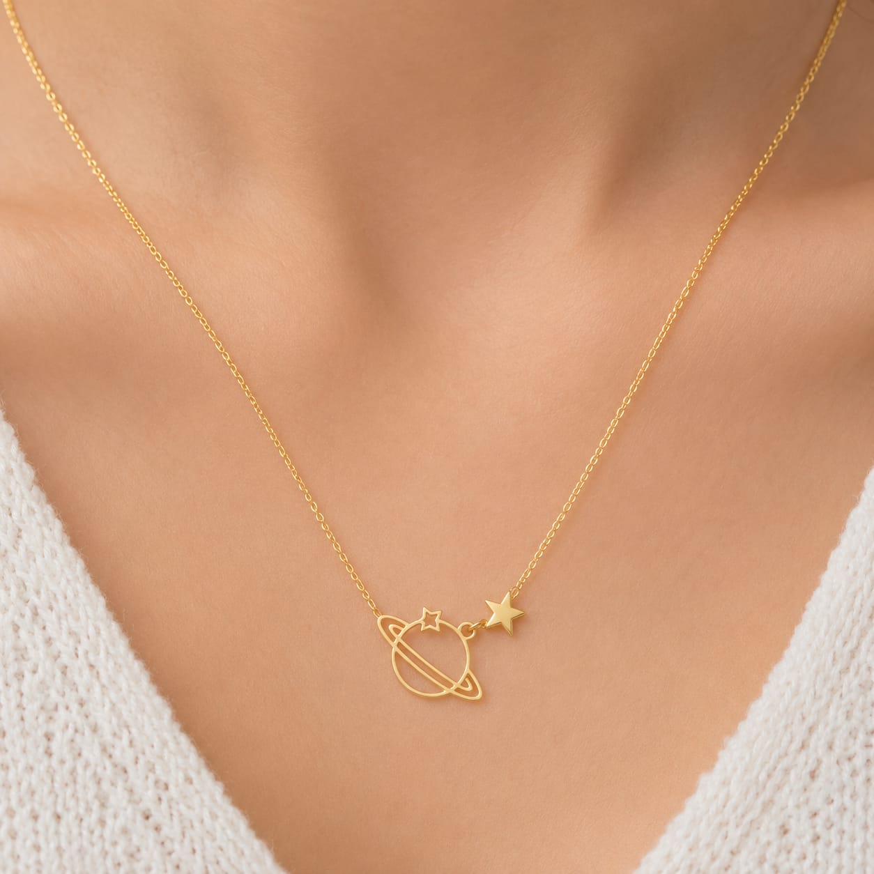 Gold Saturn Planet Star Pendant Necklace for Women | Minimalist Space Aesthetic Necklace for BTS ARMY Fans | BTS Band