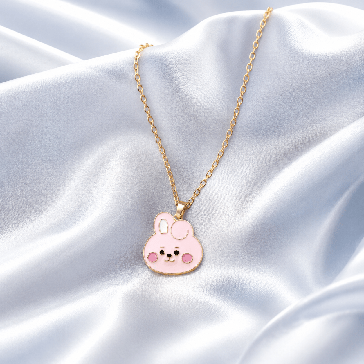 Premium Aesthetic: Adorable Pink Bunny Enamel Gold-Tone Pendant Necklace for BTS ARMY Fans | BTS Band