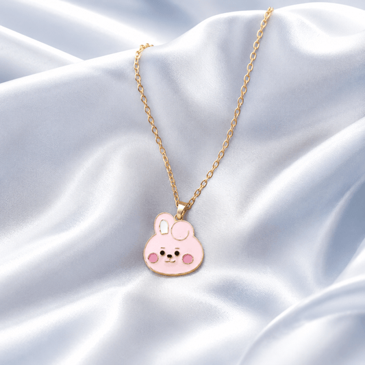 Premium Aesthetic: Adorable Pink Bunny Enamel Gold-Tone Pendant Necklace for BTS ARMY Fans | BTS Band